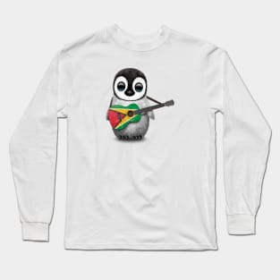 Baby Penguin Playing Guyanese Flag Guitar Long Sleeve T-Shirt